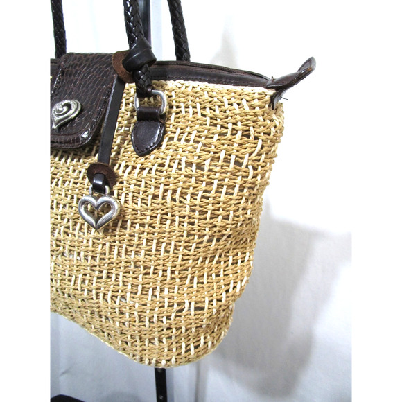 Brighton Penelope Med. Sz. Heart Straw, Leather Shoulder Tote Handbag - Picture 5 of 10